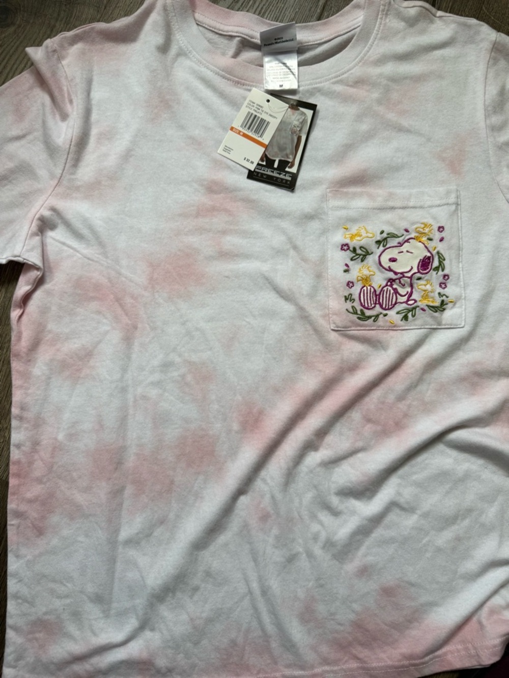 Peanuts Pink and White Tie-Dye Short Sleeve Tee with Embroidered Snoopy Pocket - Picture 7 of 7